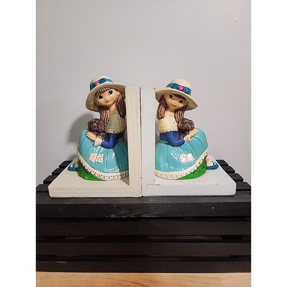 Vintage Mid Century Earl Bernard Wood Painted Bookends Girl With Dog Kitsch - Picture 1 of 10